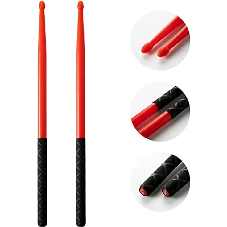 Musfunny Nylon Drumsticks 5A, 2 Paar mit Anti-Rutsch-Griffen, leichte und haltbare Kunststoff-Drumsticks für Kinder und Erwachsene, Schwarz und Rot – Bild 2