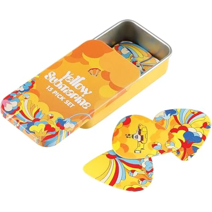 D'Addario Beatles Gitarrenplektren, Yellow Submarine Primrose Prairies, 15 Stück, Medium, hochwertiges Zelluloid mit detailliertem Kunstwerk – Bild 1