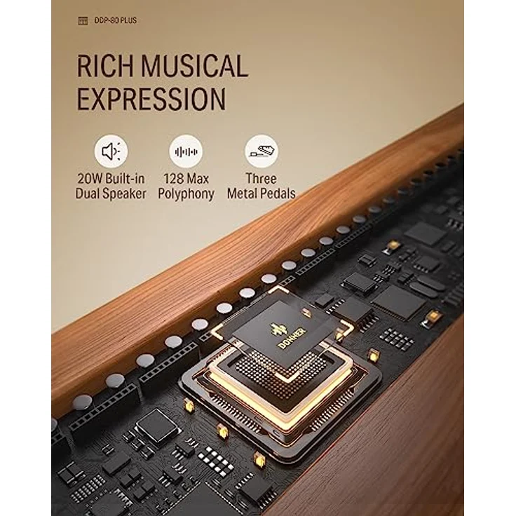 Donner DDP-80 PLUS Digital Piano, 88 Tasten mit Hammermechanik, USB-MIDI, Kopfhörer Unterstützung, Metall-Dreifachpedal, modern-minimalistisches Design – Bild 3