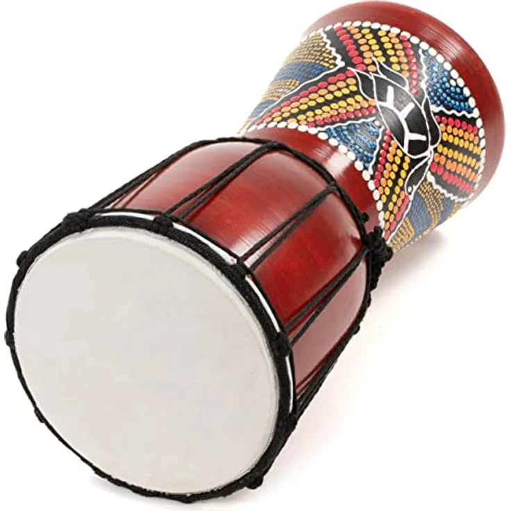 Nexos Trading 30cm Indonesische Djembe „Schildkröte", handgefertigte Trommel mit Ziegenlederbespannung und bunter Dotpaint-Bemalung, braun – Bild 2