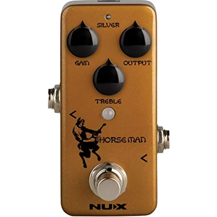 NUX Horseman NOD-1, Analog-Overdrive-Pedal in Gold/Silber mit 2 Modi, treble, gain und output Reglern, schwarzes Design, vollverzerrend