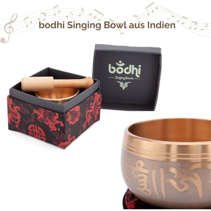 Bodhi Indische Klangschale Ø 8 cm, Messing mit Verzierung, Set inkl. Kissen, Klöppel & Geschenkbox, golden/hölzern, ideal für Meditation und Klangtherapie – Bild 2