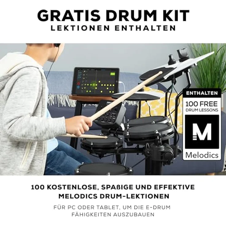 Alesis Debut Kit, komplettes E-Drumset für Einsteiger mit 10 Drumkits, 120 Sounds, 30 Patterns, inkl. Sitz, Sticks, Kopfhörer und USB-MIDI – Bild 6