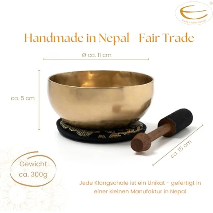 Klangschalen-Center Tibetische Klangschale, handgeschmiedet, 300 g, Ø 11 cm, inkl. Klöppel/Pad, Fair Trade aus Nepal – Bild 5