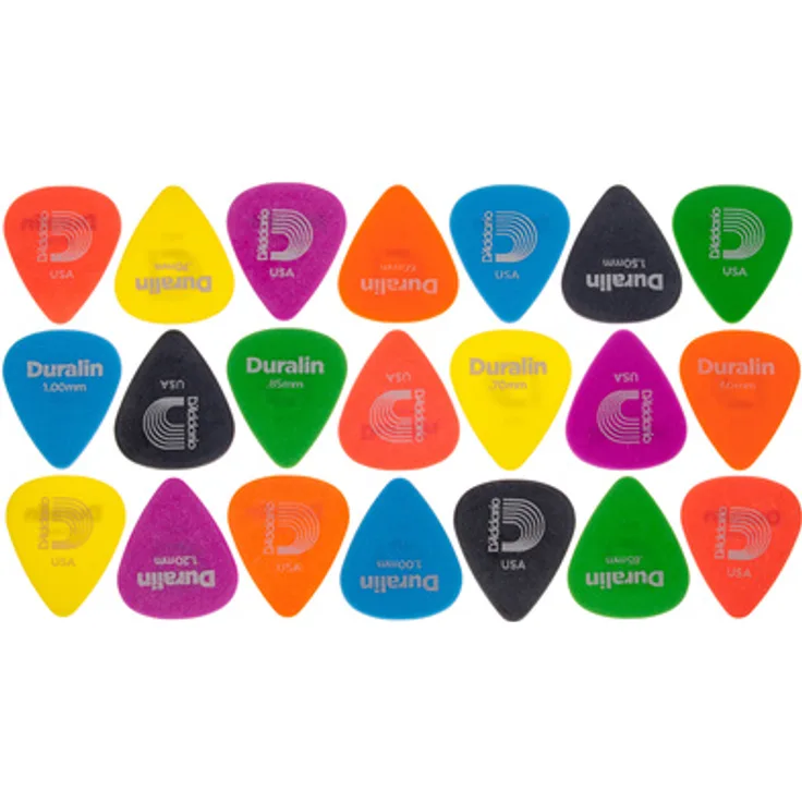 Daddario Duralin Assorted Gauge Pack, Plektrum Set mit 7 verschiedenen Stärken, inkl. Farben: Rot, Orange, Gelb, Grün, Blau, Lila, Schwarz