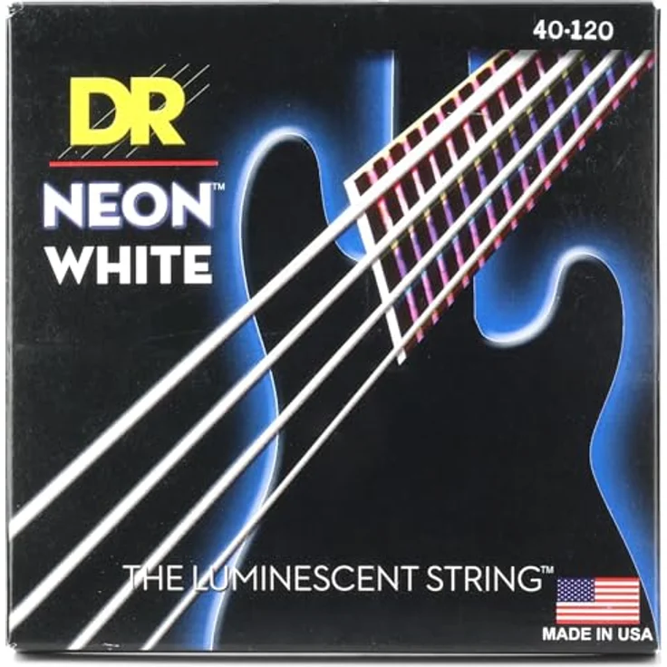 DR Strings Hi-Def Neon Weiß NWB5-40, E-Bass Saitensatz Light 40-120 für 5-Saiter, K3-Beschichtung, UV- und Schwarzlicht-Effekt