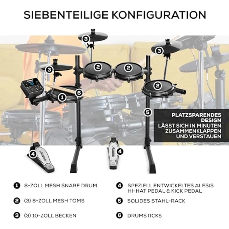 Alesis Turbo Mesh Kit, E Schlagzeug Elektronisch mit 8-Zoll-Mesh-Snare, 10 klassischen Kits, 30 Play-Along-Tracks und Drumsticks – Bild 3