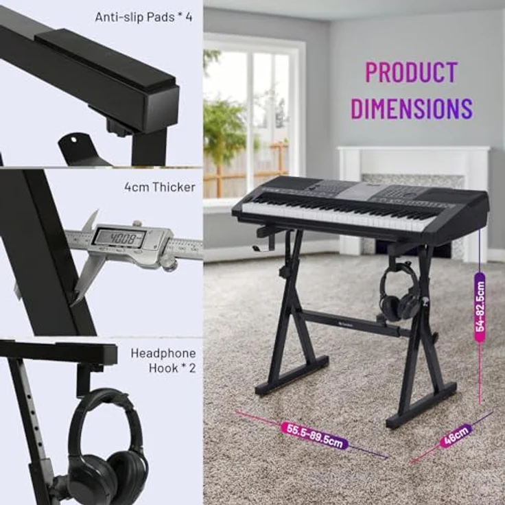 CAHAYA Verbesserte Verstellbare Keyboardständer CY00366-1, Tragfähigkeit 113kg, 10-stufig höhenverstellbar für 61-88 Tasten Digitalpianos, Z-Doppelstrebig, rutschfeste Pads – Bild 3