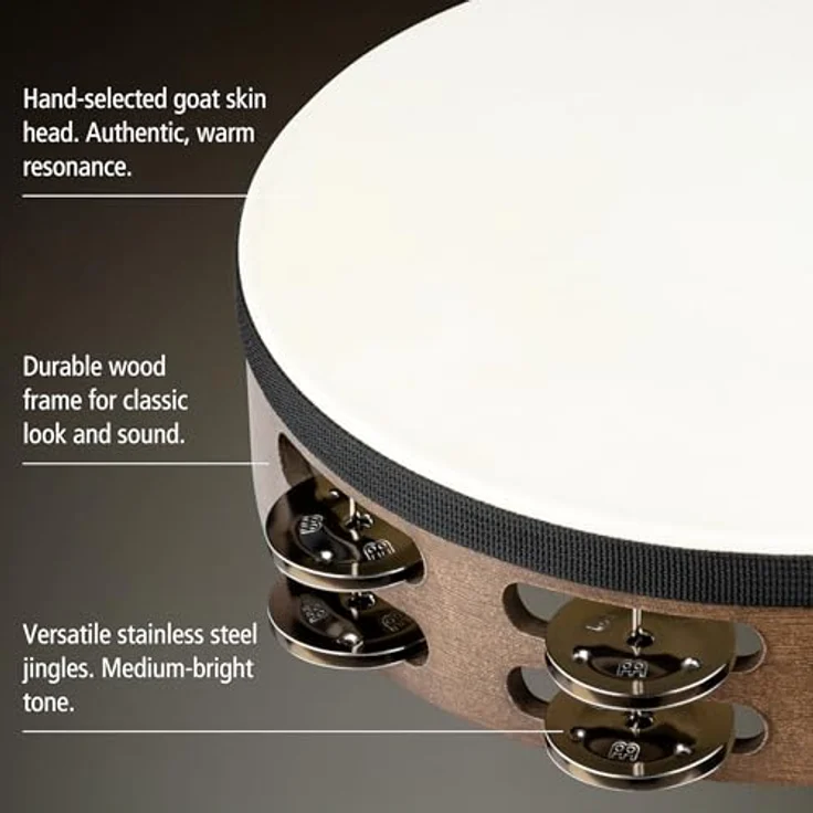 Meinl TAH2WB Head Tambourine, 10" Fellbezogenes Hand Tambourin aus Holz mit 16 Edelstahl-Schellen, Walnut Brown – Bild 3
