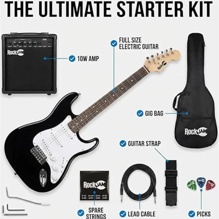 RockJam Full Size Electric Guitar Kit, E-Gitarre mit 10-Watt Verstärker, Lessons, Gurt, Gig Bag, Picks, Whammy, schwarze Farbe – Bild 4