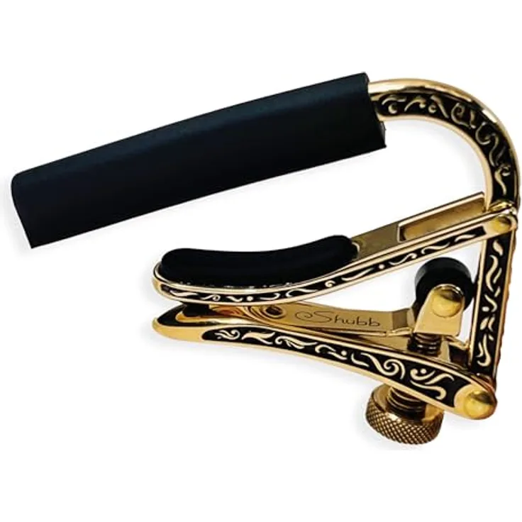 Shubb eC1b Sequoia, Kapodaster für Akustik-/E-Gitarre, polierter Messing mit gravierter Oberfläche, Gold