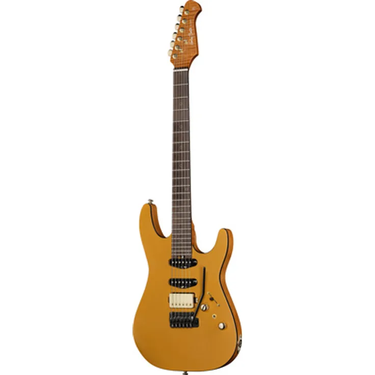 Harley Benton Fusion-IV HSS RW Satin Gold, E-Gitarre mit Nyatoh Korpus, geröstetem Ahorn Hals und 24 Edelstahlbünden