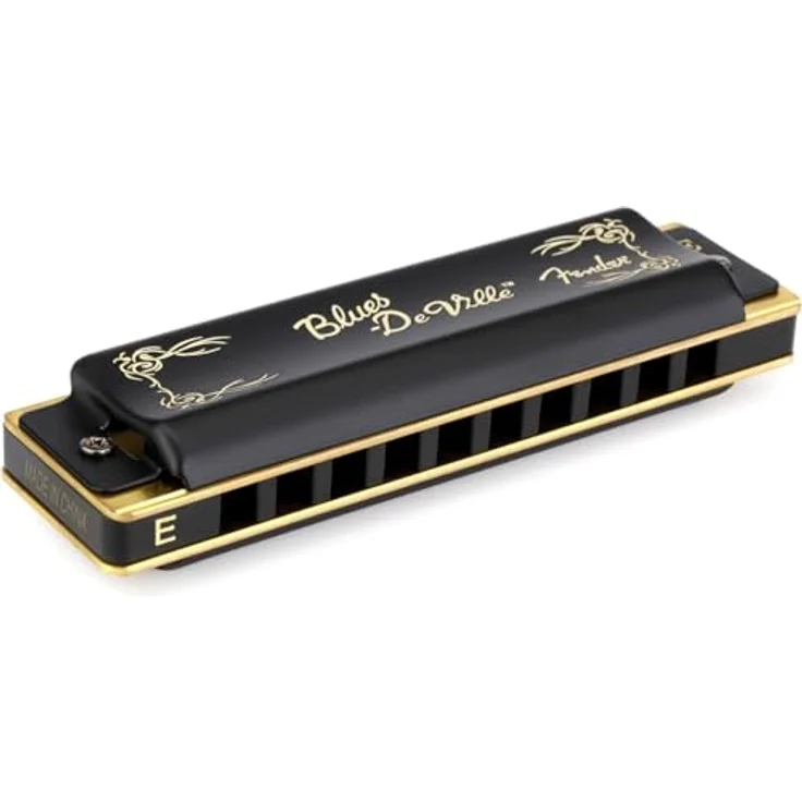 Fender Blues Deville Harp E, Mundharmonika in E-Dur mit Kunststoff Kanzellenkorpus und Messingstimmplatten, schwarz-goldenes Design, inkl. Kunststoffcase – Bild 1