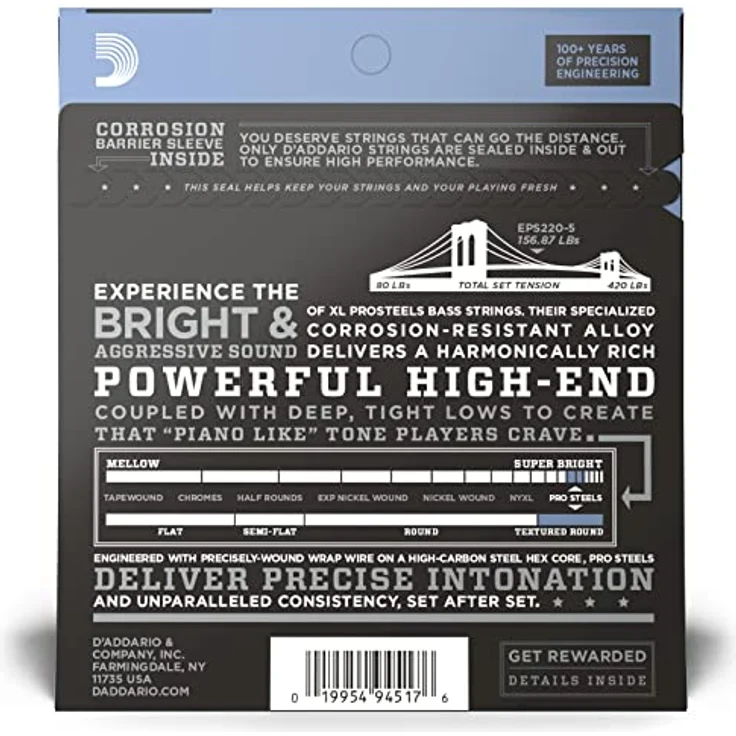 D'Addario EPS220-5, 5-Saiter E-Bass Gitarrensaiten, Saitenstärke 0.040 - 0.125 Zoll, XL ProSteels Round Wound – Bild 2