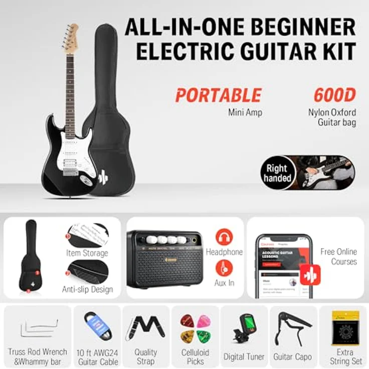 Donner ST E-Gitarre Set, 39 Zoll mit S-S-H Pickups, Verstärker, Tasche, Gurt und Zubehör, Schwarz – Bild 2