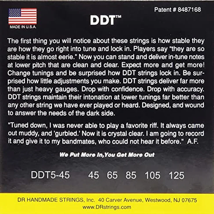 DR Strings DDT5-45, E-Bass Saiten Medium 45-125 für 5-Saiter Drop Tuning, handgefertigt in den USA – Bild 3
