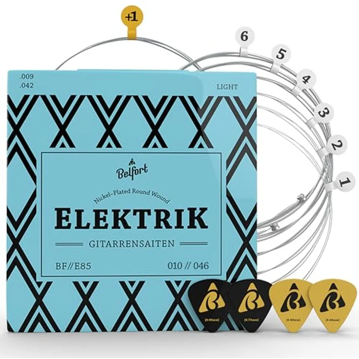 BELFORT® E-Gitarren-Saiten, 6-Saiten-Set aus Nickel für E-Gitarre, inkl. 4 Plektren und extra hoher E-Saite, brillante Klangqualität, schmerzfreies Spielen – Bild 1