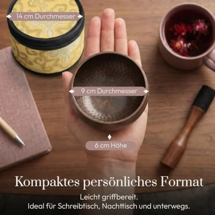 Silent Mind Klangschale Ø9 cm Bronze, Handgefertigtes Komplett-Set mit Kissen und Klöppel, klarer stabiler Klang für Meditation und Achtsamkeit – Bild 4