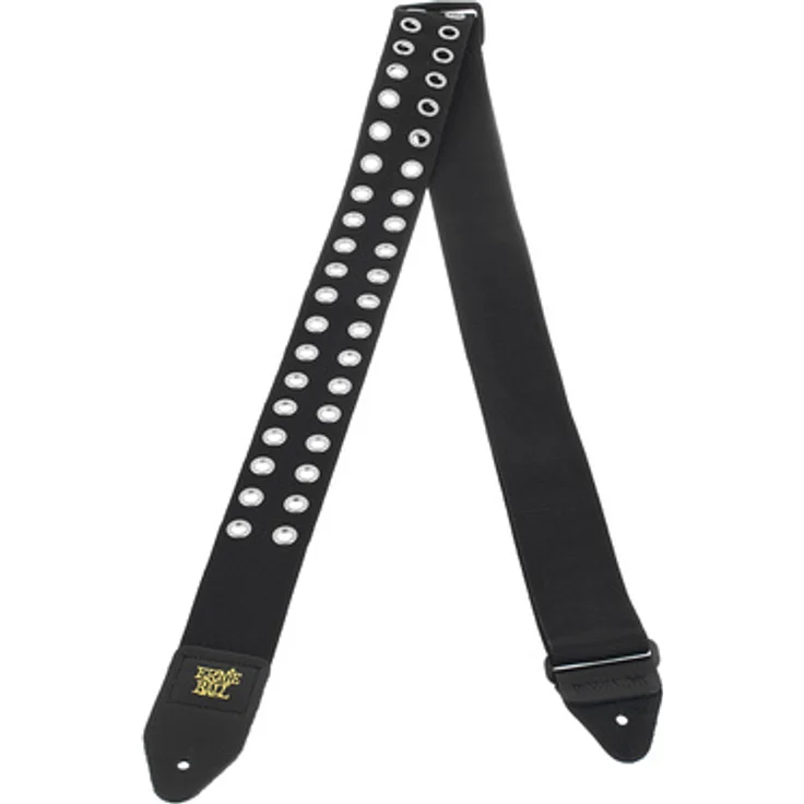 Ernie Ball Hole Lotta Metal Silver, Gitarrengurt aus Polypropylen, schwarz/silber, Länge 104-182 cm, mit Lederenden und goldfarbenem Logo – Bild 1
