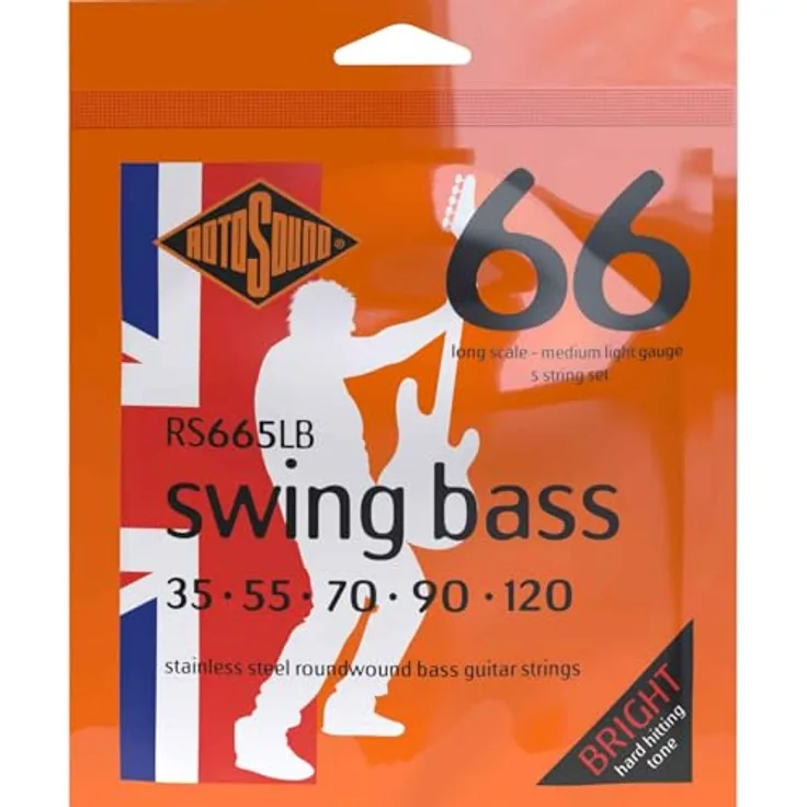 Rotosound SWING 66 Edelstahl-Saiten für E-Bass, Runddraht, Stärke Medium Light 35-120, Made in UK
