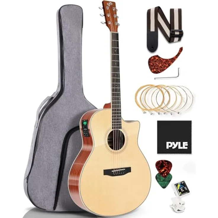 Pyle Elektro-Akustikgitarre 41" Dreadnought Cutaway, Fichte & Mahagoni, 4-Band EQ, inkl. Gigbag & Tuner, ideal für Anfänger & Fortgeschrittene
