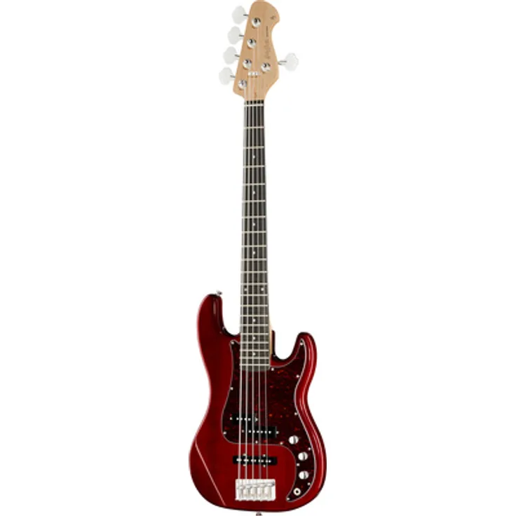 Harley Benton PJ-5 HTR Deluxe Series, 5-saitiger E-Bass mit Pappel Korpus, Ahorn Hals und Hot Rod Trans Red Hochglanz Finish