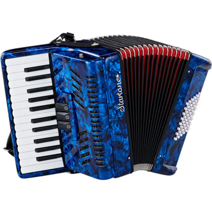 Startone Piano Accordion 48 Blue MKII, Akkordeon mit 48 Bässen, 26 Diskanttasten, 2 Chören im Diskant, blau mit rotem Balg, inkl. Trageriemen und Gig Bag
