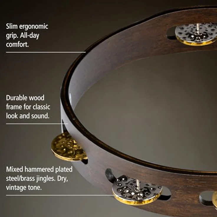 Meinl TA1VM-WB Vintage Tambourine, 10" Holzkessel mit 8 Paar gehämmerten Messingschellen und Stahlschellen, Walnut Brown – Bild 3