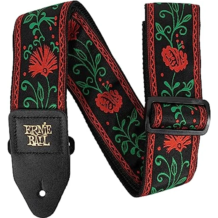Ernie Ball Western Rose Gitarrengurt, Jacquard-Stil aus Polypropylen, Länge 104-182 cm, 5 cm Breite, Lederenden in schwarz mit goldfarbenem Logo – Bild 2