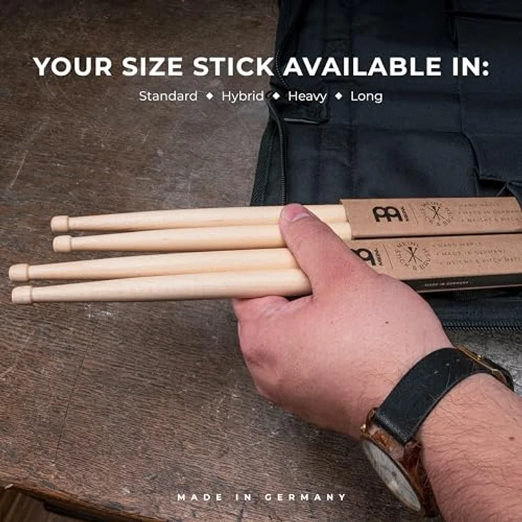 Meinl 5B Hybrid Maple Drumsticks, Hard Maple Holz, medium Gewicht, 413 mm Länge, eichel-/fassförmiger Holzkopf, made in Germany – Bild 6
