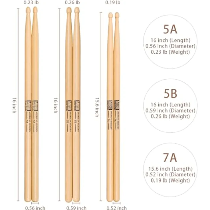 MUSO Premium Trommelstöcke, amerikanisches Hickory-Holz, rutschfester Gummigriff, verfügbar in 5A, 7A und 2B, ideal für Schlagzeuger aller Niveaus – Bild 4