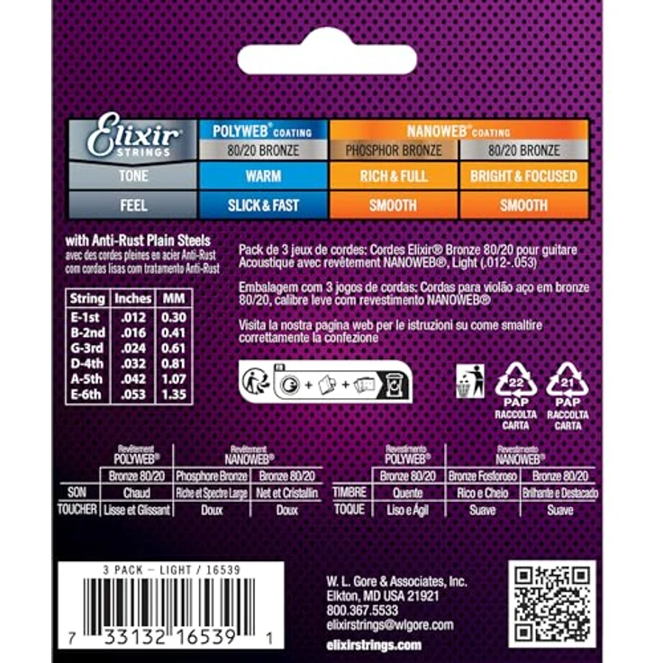 Elixir Nanoweb Light Acoustic 3P, 3er Pack Akustiksaiten aus 80/20 Bronze, Stärke 012-053 – Bild 2