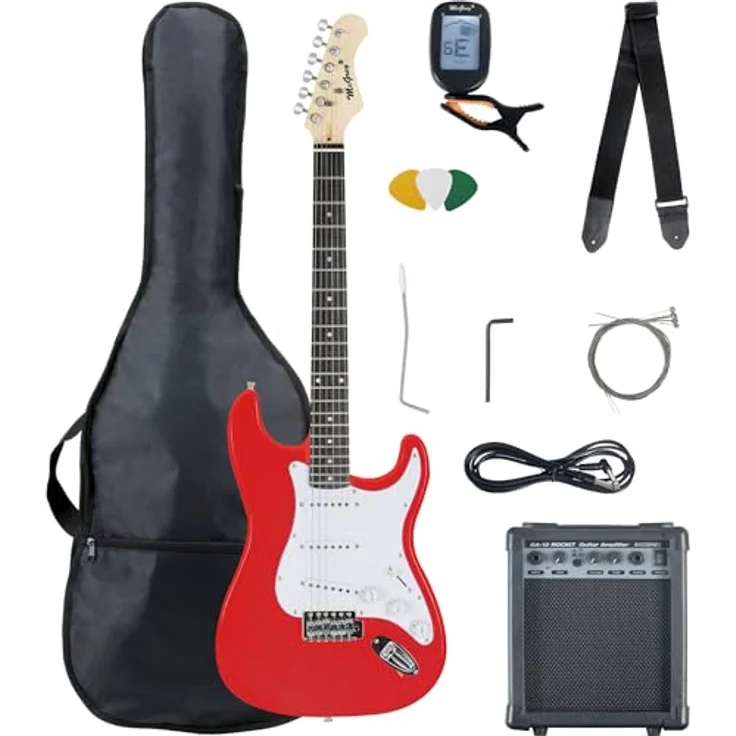 McGrey Rockit ST Komplettset E-Gitarre, 8-teiliges Anfängerset mit 10 Watt Verstärker, Gitarrentasche und Zubehör, Fiesta Red – Bild 1