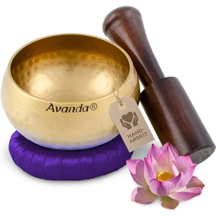 Avanda Tibetisches Klangschale-Set, gehämmerte Klangschale Ø 8 cm mit Mangoholz-Schlägel und Ring-Kissen in Lila für Yoga und Meditation