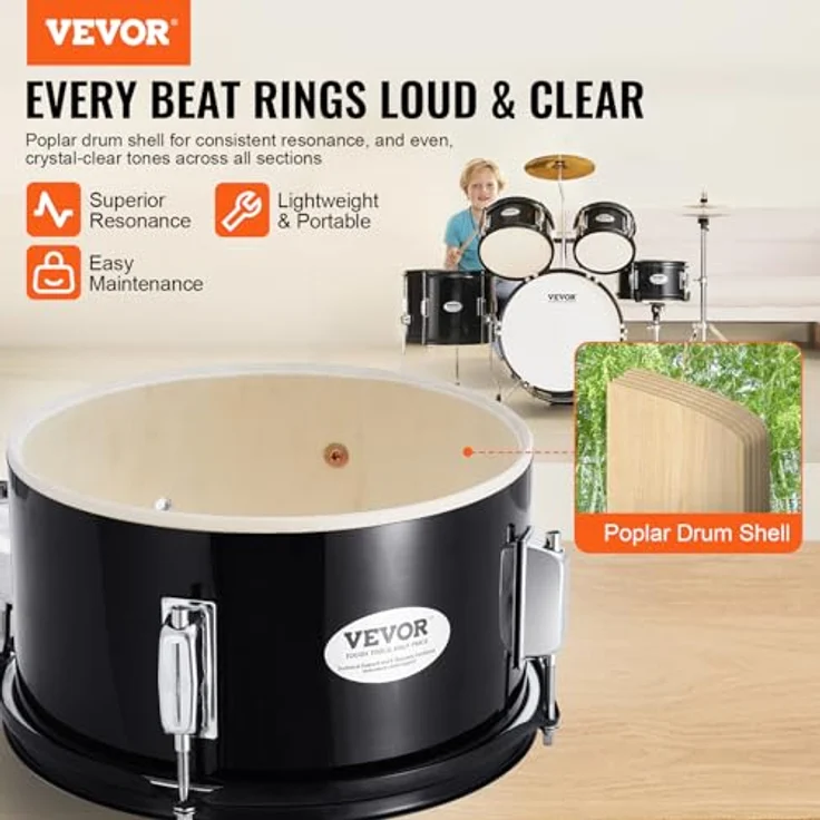 VEVOR 5-teiliges Schlagzeugset für Kinder, Anfänger-Schlagzeug mit Bass-Toms, Snare, Standtrommel, verstellbarem Thron und Hi-Hat-Pedal, schwarz – Bild 2