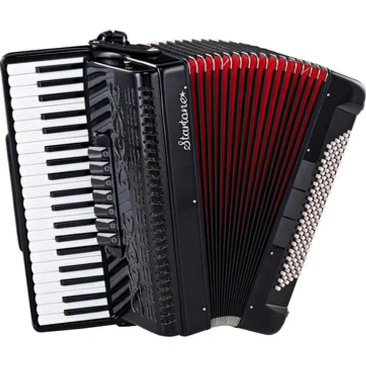 Startone Piano Accordion 120 Black MKII, Akkordeon mit 120 Bässen, 41 Diskanttasten, schwarz mit rotem Balg, inkl. Trageriemen und Gig Bag