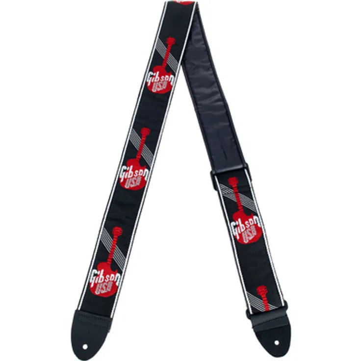 Gibson ASGG-600, Gitarrengurt mit Logo für Gitarre und Bass, Gewebegurt, 5,08 cm breit, 116 cm - 135 cm, Schwarz/Weiß/Rot