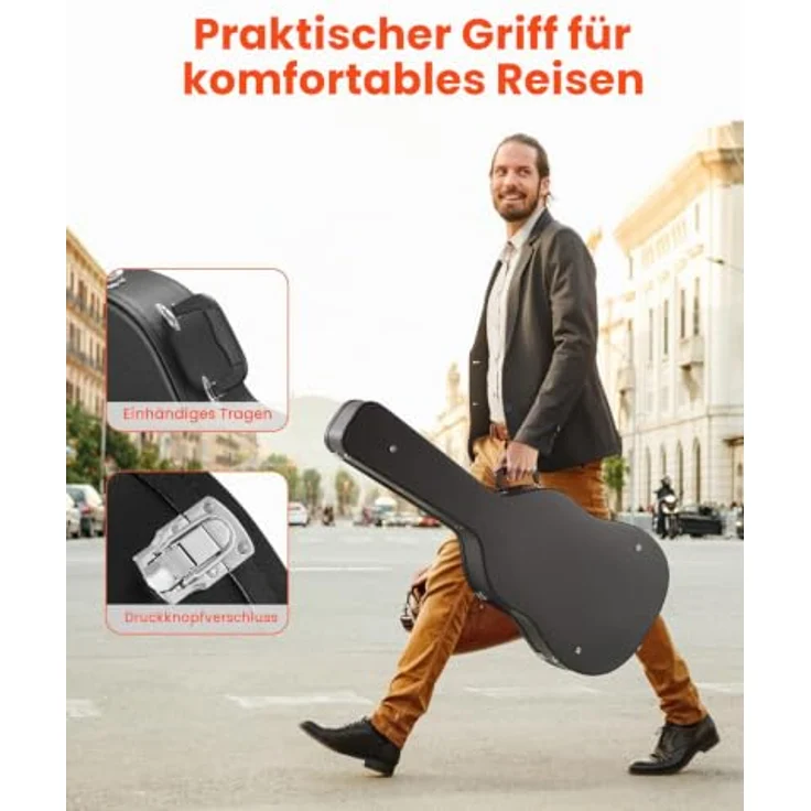 VEVOR Gitarrenkoffer, 110 cm Hartschalenkoffer für Akustikgitarren von 99 bis 104 cm, schwarz, mit Schloss, Schlüsselgriff und Zubehörfach – Bild 5
