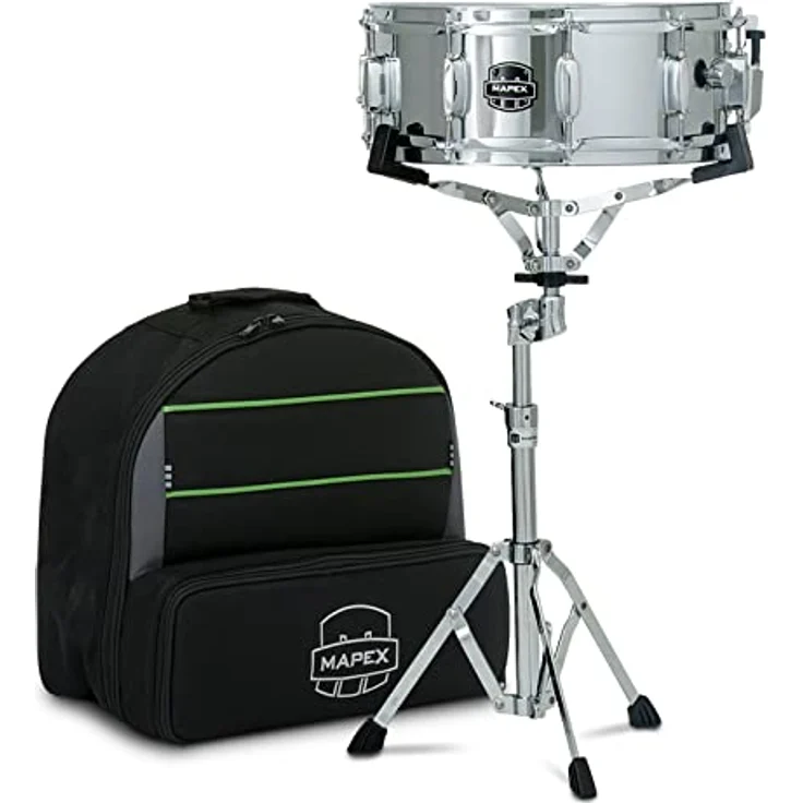 Mapex MK14DC Snare Drum Kit, 14"x5,5" Metall Snare Drum mit Snare Ständer, Übungspad, Schlagzeugstöcken und Transporttasche – Bild 2