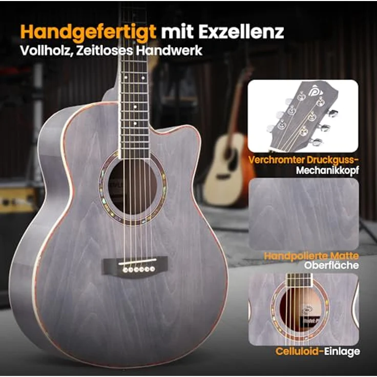 Pyle ¾ Akustikgitarre mit Cutaway, Westerngitarre aus Lindenholz mit Stahlsaiten, inkl. Tasche, Gurt, Plektren & Ersatzsaiten, leicht & handlich, ideal für Jugendliche – Bild 4