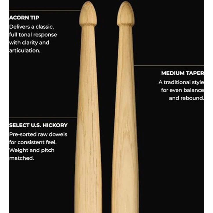 Meinl 7A Standard Long Drumsticks, Hickory Holz mit Eichelkopf, leicht, 419 mm Länge – Bild 4
