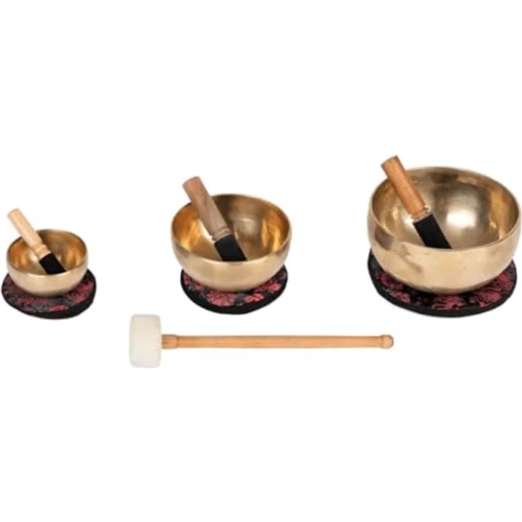 Bodhi Tibetische Klangschalen Set, handgefertigt aus Bronze, Ø 11 + 15 + 19 cm, inkl. Kissen & Klöppel, goldfarben, ideal für Meditation und als spirituelles Geschenk – Bild 1