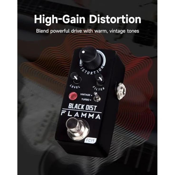Flamma FC19 Black Distortion, Kompaktes analoges Distortion Pedal für Gitarre und Bass mit Vintage/Turbo Schalter, schwarz – Bild 2