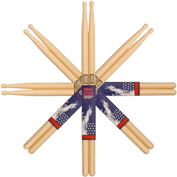 MUSO Premium Trommelstöcke, amerikanisches Hickory-Holz, rutschfester Gummigriff, verfügbar in 5A, 7A und 2B, ideal für Schlagzeuger aller Niveaus