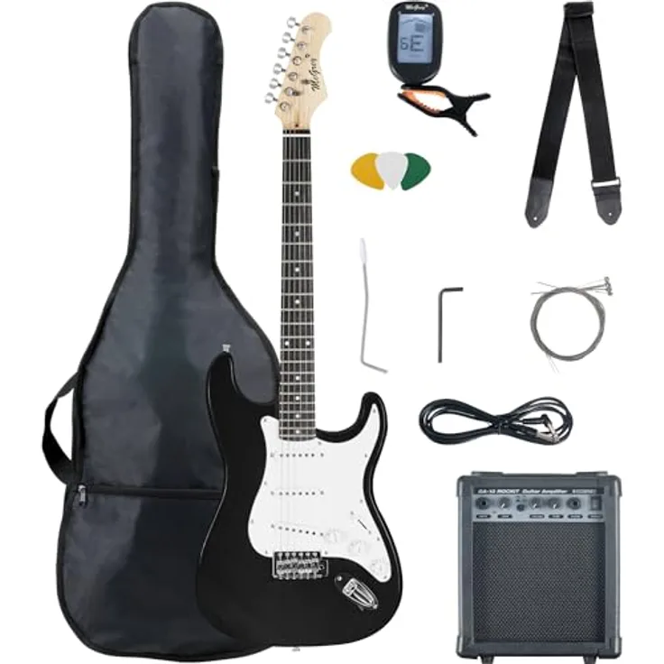 McGrey Rockit ST Komplettset E-Gitarre, 8-teiliges Anfängerset mit 10 Watt Verstärker, schwarzem Finish, inklusive Gitarrentasche, Stimmgerät und Zubehör