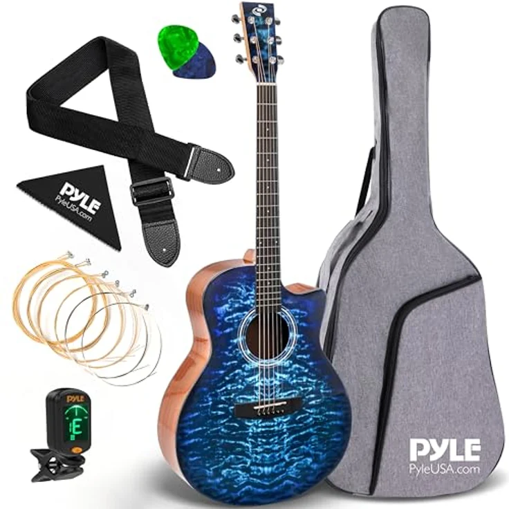 Pyle 4/4 Akustikgitarre mit Cutaway, Glänzend, Massive Fichtendecke, inklusive Zubehör & Digitalem Stimmgerät – Ideal für Einsteiger & Musikschule – Bild 1