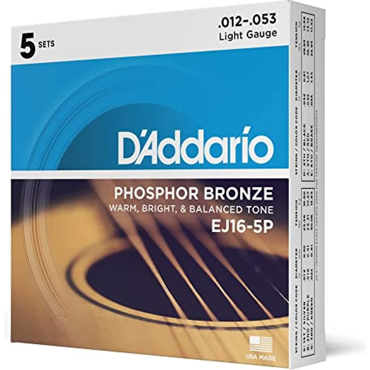 D'Addario EJ16-5P Phosphorbronze-Saiten für Akustikgitarren, Light, 12-53, 5 Sets, korrosionsbeständig, warmer Klang, Hergestellt in den USA – Bild 1