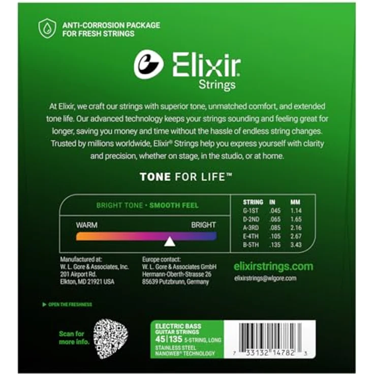 Elixir® Saiten Stainless-Steel 5-str. E-Basssaiten mit NANOWEB® Beschichtung, Long Scale, Light/Medium (.045-.135) - langlebiger, kraftvoller Klang mit natürlichem Spielgefühl – Bild 2