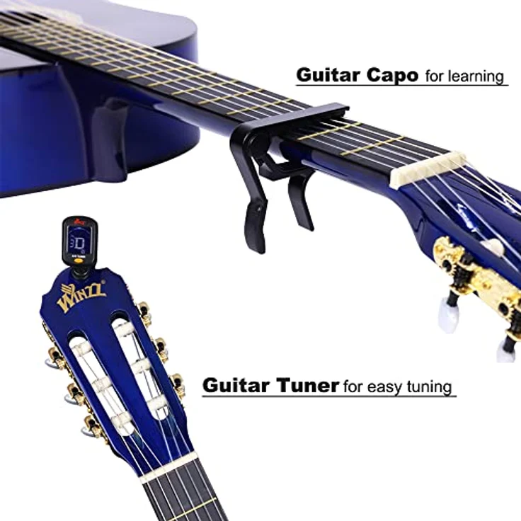 Winzz Konzertgitarre 4/4 Anfänger Set, 39 Zoll Klassische Gitarre mit Nylonsaiten für Erwachsene und Kinder ab 11 Jahren, Blau, inkl. Zubehör wie Gig Bag, E-Tuner und Fußbank – Bild 3