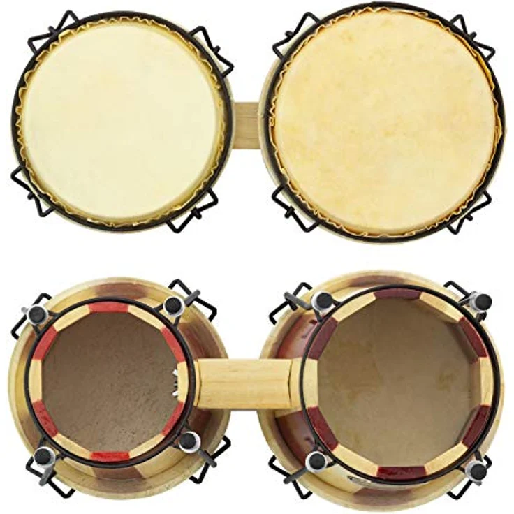 World Rhythm TIGER bon14-st Bongo Drums, 6 und 7 Zoll mit Rohleder-Trommelfell in auffallendem Rot und Eiche Natur, ideal für Schulen und Percussion-Gruppen – Bild 2